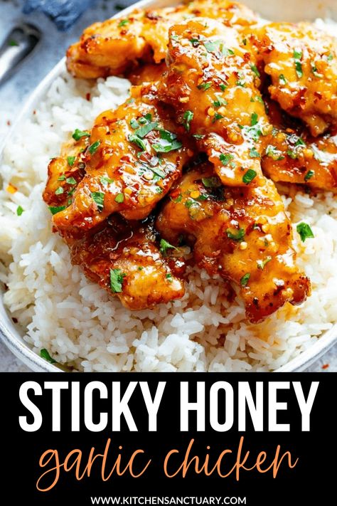 20 Minute Chicken Recipes, Healthy Dinner Recipes For Four, Quick Simple Chicken Dinners, Honey Sticky Chicken, Sticky Garlic Chicken, Healthy Easy Dinners For Two, Boneless Skinless Chicken Thigh Recipes Asian, Sticky Honey Lemon Chicken, Quick Chicken Thigh Dinner