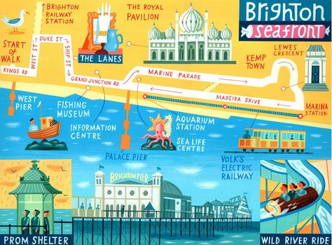 Brighton map 'Walk of the Month' - The Daily Telegraph - Acrylic on paper - John Montgomery Seaside Illustration, Maps Illustration, Beast Hunters, Map Illustrations, Brighton Map, Cartography Map, Illustrated Maps, City By The Sea, Map Illustration