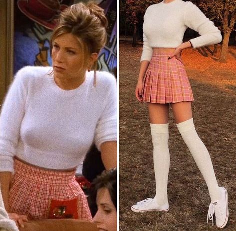 Rachel Green From Friends 90s Outfit Aesthetic Vintage, Friends 80s Outfits, What To Wear To The Movies With Friends Outfit, Friends Tv Show Outfits Rachel Green, Back To 90's Outfit, Rachel Friends Costume, Rachel Friends Style, Iconic Pop Culture Outfits, 90s Outfit For Party