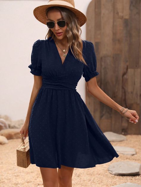 Dark Blue Dress Casual, Navy Blue Dress Outfit, Navy Blue Summer Dress, Navy Blue Short Dress, Blue Dress Outfits, Outfits Vestidos, Casual Frocks, Marine Uniform, Navy Outfit