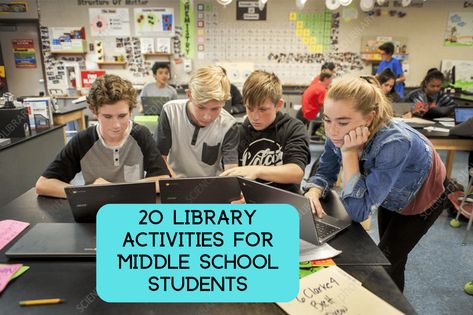 Getting tweens into the library to do library activities and explore books takes some creative thinking. Activities that are interactive, fun, challenging, Library Activities For Kids, Library Thanksgiving, Fun Library Activities, Middle School Classroom Themes, School Library Activities, Middle School Library, Creative Thinking Activities, School Library Lessons, Library Orientation