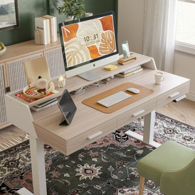 Upgrade your workspace with our modern light walnut electric standing desk. Featuring MCM style, large storage space, ergonomic monitor shelves, and adjustable height, it offers both style and functionality for a productive work environment. | Modern Light Electric Standing Desk MCM Style Large Storage Adjustable Height in Brown / White Accentuations by Manhattan Comfort | Wayfair White Desk Setup, Desk Classic, Desk With Shelf, Standing Desk Office, Minimalist Home Office, Mcm Style, Classic Desk, Office Room Decor, Electric Standing Desk