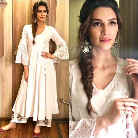 Kriti Sanon Couture, Hairstyle With Suit, Punjabi Hairstyles, Ethnic Hairstyles, Kriti Sanon, Traditional Indian Outfits, Front Hair Styles, Look Boho, Indian Dress
