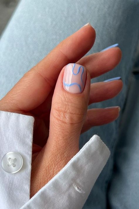 Short blue nail Nails Ideas On Short Nails, Minimalistic Design Nails, Design On Two Nails, Short Nails Ideas January, Nails Light Colors Design, Design Blue Nails, Cool Minimalist Nails, Short Nail Designs Ideas, Nail Inspo May 2024