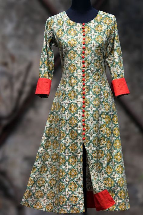 an elegant anarkali in lemon yellow hand-block printed bagru and fabric buttons and tangerine orange mangalgiri border and sleeve cuffs! orange dupatta - on r Couture, Elegant Anarkali, Orange Dupatta, Indian Kurti Designs, Kurta Patterns, Woven Textiles, Churidar Designs, Designer Kurti Patterns, Yellow Star