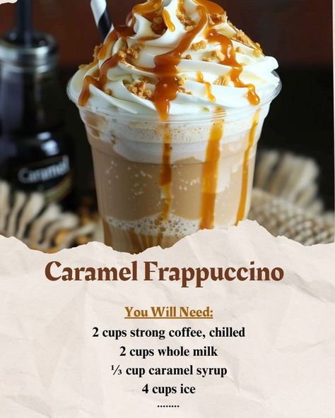 Caramel Frappuccino Recipe, Starbucks Caramel Drinks, Caramel Frappe Recipe, Starbucks Caramel Frappuccino, Starbucks Frappuccino Recipe, Caramel Drinks, Caramel Frappe, Cookbook Ideas, Dunkin Donuts Iced Coffee