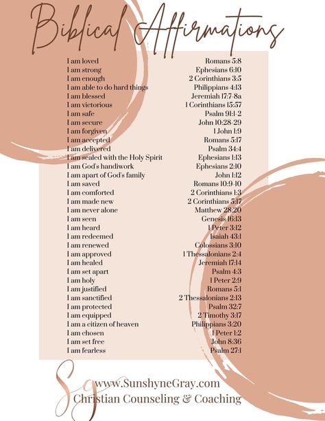 Get your free printable PDF of Biblical Affirmations- Learn what the Great I Am says about you! 31 Scriptures to outline your Identity in Christ. #mentalhealth #christiancounseling #identity #affirmations Scripture Who God Says I Am, Daily Bible Affirmations For Women, Biblical Self Affirmations, I Am Biblical Affirmations, What God Says About Me Scriptures, God Says I Am Scriptures, Christian I Am Statements, Biblical I Am Affirmations, Scriptures For Career