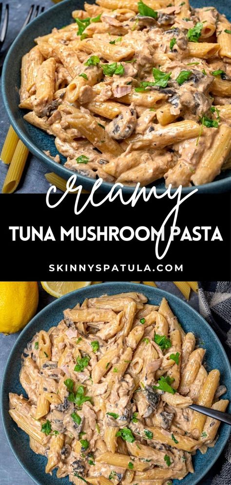 Creamy Tuna and Mushroom Pasta Tuna Dinner Recipes, Easy Tuna Recipes, Healthy Tuna Recipes, Tuna Pasta Recipe, Tuna Dinners, Creamy Tuna Pasta, Pasta Bread, Canned Tuna Recipes, Sandwich Lunch