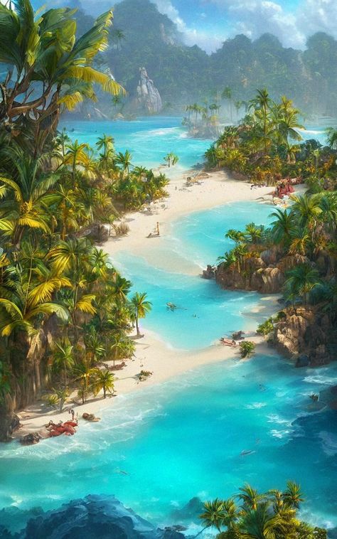 Magical Island Art, Fantasy Island Aesthetic, Fantasy Lagoon, Islands Fantasy Art, Beach Fantasy Art, Tropical Kingdom, Tropical Island Art, Water Island, Island Town