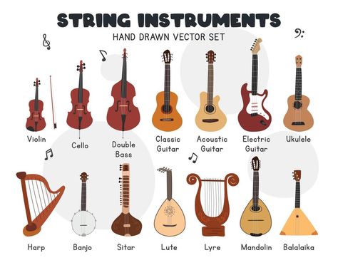 String instruments vector set. Simple cute violin, cello, double bass, classic, acoustic guitar, ukulele, harp, lyre, banjo stringed musical instrument clipart cartoon style, hand drawn doodle drawing Bonito, Rondalla Instruments Drawing, Double Bass Aesthetic, Lyre Drawing, Musical Instruments Aesthetic, Strings Instrument, Instrument Clipart, Sitar Instrument, Musical Instruments Art