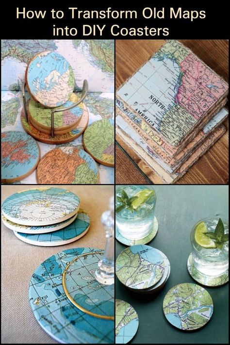 Craft Ideas Using Old Maps, Map Coasters Diy, Diy Map Ornaments, Crafts With Old Maps, Map Crafts Ideas, Crafts With Maps Diy Projects, Crafts With Maps, Map Diy Projects, Old Maps Crafts