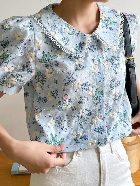 DAZY Floral Embroidery Peter Pan Collar Puff Sleeve Shirt Puff Sleeve Shirt, Blouse Sale, Cute Blouses, Women Blouses, Puff Sleeve Blouse, Yellow Fashion, Pan Collar, Peter Pan Collar, Fesyen Wanita