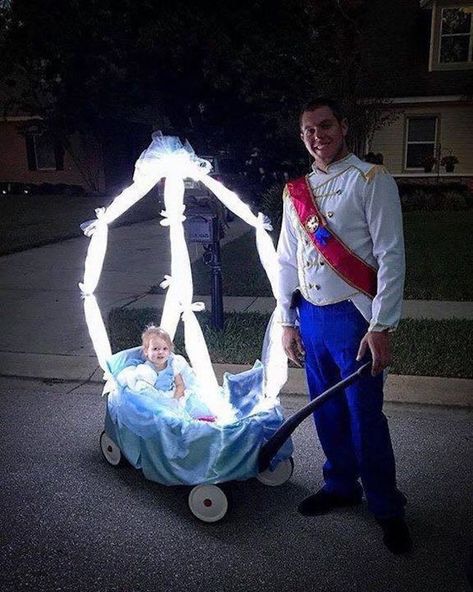 Cinderella and Prince Charming Costume - Have dad pull Cinderella around trick-or-treating in her glowing wagon carriage! #Disney #Halloween #CostumeIdeas Cinderella And Prince Charming Costume, Brother Sister Halloween Costumes, Halloween Costume Couple, Prince Charming Costume, Cinderella And Prince, Cinderella And Prince Charming, Baby Kostüm, Looks Halloween