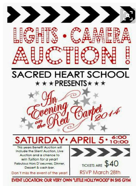 Lights, Camera, Auction. So clever Auction Themes, Red Carpet Theme, Gala Themes, Hollywood Party Theme, Team Fundraiser, Red Carpet Party, Gala Ideas, 8th Grade Graduation, Fund Raiser