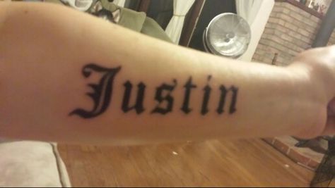 My son's name Tattoo Quotes, Justin Tattoo Name, Justin Name, Justin Tattoo, Tattoo Name, Cute Tiny Tattoos, Name Tattoos, Name Tag, Tiny Tattoos