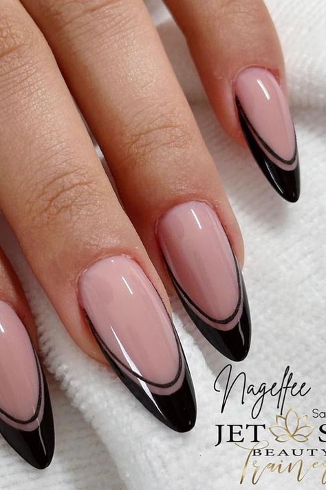 Nail Wallpaper Aesthetic, Classy Almond Nails Ideas, Formal Nail Ideas, Trendy Black Nails, Black And Nude Nails, Oval Acrylic Nails, Nail Art French, Oval Nails Designs, Black French Nails