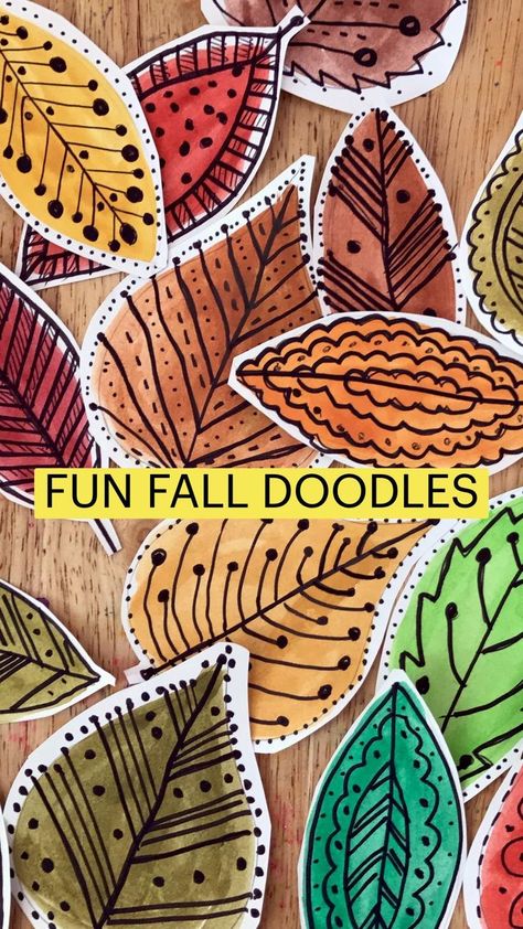 Fall Doodles, Doodle Leaves, Fall Arts And Crafts, Fall Art Projects, Fall And Thanksgiving, Thanksgiving Art, Art Appliqué, Elementary Art Projects, Homeschool Art