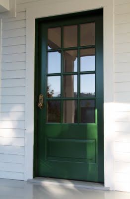 Green Door House, Brick House Front Door Colors, Farmhouse Rental, Farmhouse Details, Modern Door Hardware, Exterior Door Colors, Modern Entrance Door, Green Front Doors, Farmhouse Door