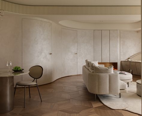 Curved walls are top of the wishlist when it comes to elevated schemes that are soothing and calming, too. Top designers explain how to use them Curves Design, Wooden Floorboards, Curved Walls, New Interior Design, Curve Design, World Of Interiors, Floor Patterns, Large Bedroom, Interior Walls