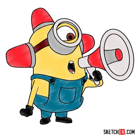 How to draw minion Carl with a loudspeaker - Step by step drawing tutorials Minions, Cute Minions Drawing, How To Draw Minions, Minion Painting Easy, Minions Drawing Easy, Minion Drawing Cute, Minion Art Paintings, Minion Drawings, Minions Painting