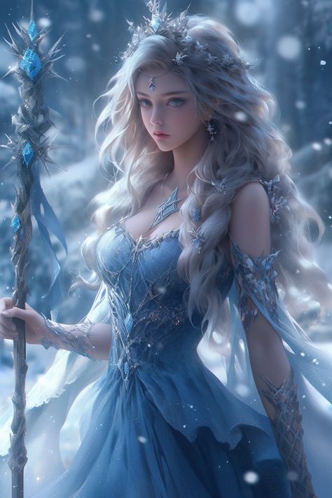 Fairy Queen Outfit, Ice Fairy Aesthetic Outfit, Ice Woman Art, Water Queen Aesthetic, Ice Princess Anime, Winter Goddess Outfit, Ice Fairy Aesthetic, Ice Dress Snow Queen, Ice Fairy Outfit
