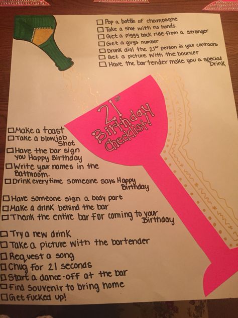 21st birthday check list! 21st Birthday Bar Crawl Sign, 21st Birthday To Do List, Sign Night 21st Birthday List, 21st Bday Signs Checklist, 21st Birthday Checklist Ideas, What To Do On Your 21st Birthday, 21st Birthday List Of Things To Do, 21st Birthday Checklist Sign, 21st Birthday Scavenger Hunt