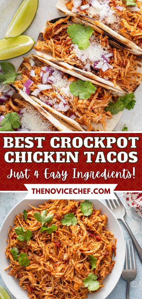 Make your Taco Tuesday even better, with this ultra-easy, super-flavorful recipe for Crockpot Chicken Tacos. Tender shredded chicken is seasoned to perfection and slow-cooked for the best taco filling ever! Chicken With Taco Seasoning Crockpot, Crockpot Chicken Taco Seasoning, Crockpot Chicken With Taco Seasoning, Crockpot Chicken Recipes Tacos, Taco Bar Meat Ideas, Essen, Crock Pot Chicken Taco Recipes Easy, Crockpot Chicken Recipes For Tacos, Crock Pot Chicken Shredded