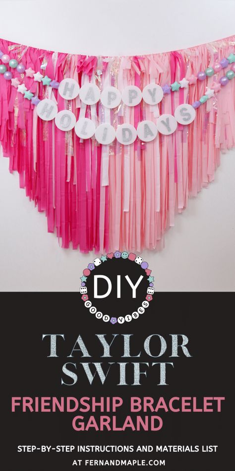 Taylor Swift Valentines Day Party, Taylor Swift Nye Party, Taylor Swift Party Theme Ideas, Friendship Bracelet Decoration, Taylor Swift Friendship Bracelet Garland, Friendship Bracelet Decor, Diy Friendship Bracelet Garland, Taylor Swift Eras Balloon Arch, Taylor Swift Photo Booth Props