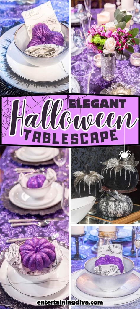 Elegant Purple And Black Halloween Tablescape. | Fall Decor Ideas Halloween Dinner Party, Halloween Treats To Make, Halloween Table Settings, Halloween Haunted House Decorations, Classy Halloween Decor, Halloween Party Treats, Fun Halloween Treats, Classy Halloween, Halloween Tablescape