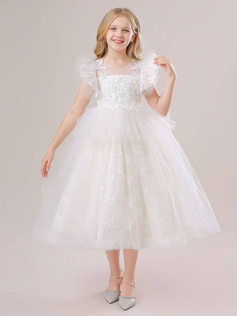 White Party Collar Cap Sleeve Mesh Fabric Plain Fit and Flare Embellished Non-Stretch All Tween Girls Clothing Kids Bridesmaid Dress, Girls Evening Dresses, Princess Bridesmaid Dress, Party Costumes, White Clothes, Dress For Wedding, Ankle Length Dress, Girl Princess Dress, Wedding Lace