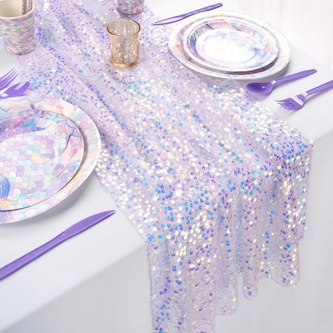 Holographic Party Decor, Purple Unicorn Birthday Party, First Birthday Mermaid Theme, Iridescent Table, Barbie Malibu, Glitter Table, Iridescent Party, Lavender Fabric, Mermaid Theme Birthday Party