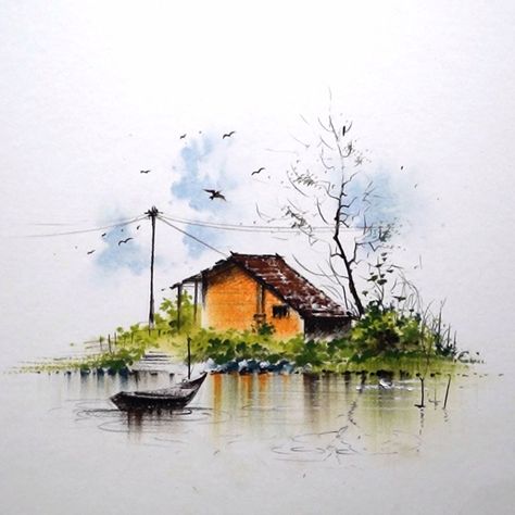 Scenery Watercolor Easy, Watercolor Village Painting, Water Colour Easy Drawings, Beautiful Village Scenery Drawing, Watercolour Cake Painting, Colour Pencil Art Landscapes, Watercolour Scenery, House Near River, Village Scenery Drawing