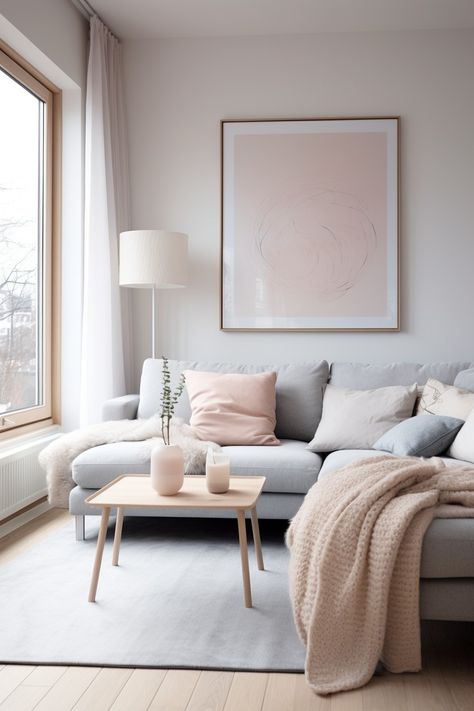 Living Room Pastel Aesthetic, Pale Pink Sofa Living Room, Gray Sofa Pink Pillows Living Rooms, Neutral Pastel Living Room, Gray Couch With Pink Pillows, Pink Gray Beige Living Room, Grey Couch Pink Pillows, Living Room White Walls Wooden Floor, Soft Pastel Living Room