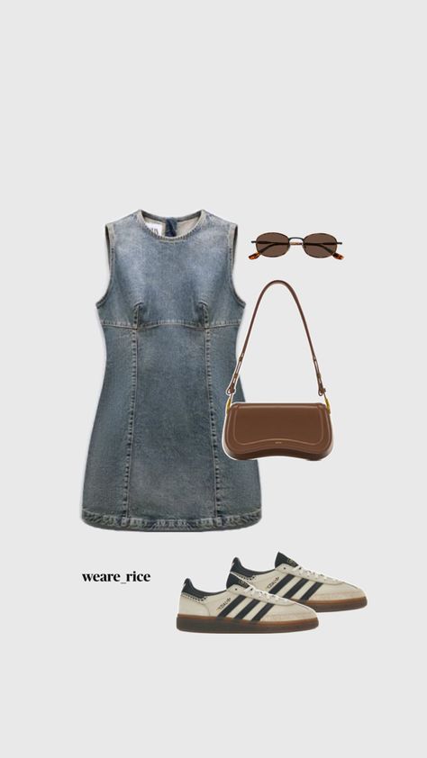 THAT girl outfit idea styling denim mini dress, adidas samba sneakers, brown leather handbag and oval vintage sunglasses Samba Sneakers, Samba Dress, Denim Dress Outfit, Samba Outfit, Sneakers Brown, Outfit Collage, Brown Leather Handbags, Leather Mini Dress, Girl Fits