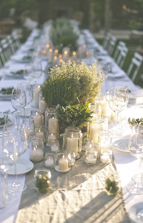 Tuscan tablescaping with herbs and candles galore! (Divine Day Photography) Home Décor, Simple Weddings, Garden Party Wedding, Garden Party, Wedding Party, Table Decorations, Home Decor