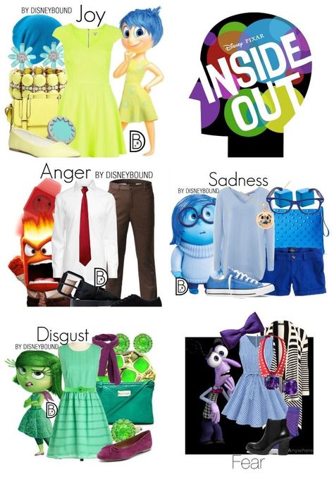 Dress in style as your favorite Inside Out Emotion (also known as DisneyBounding)! Disney Costumes From Your Closet, Disney Characters For Spirit Week, Disneybound Family Of 3, Inside Out 2 Dress Up, Inside Out Inspo Outfit, Inside Out 2 Outfit Ideas Embarrassment, Group Disneybound Ideas, Disneybound Inside Out, Disney Bounding Inside Out