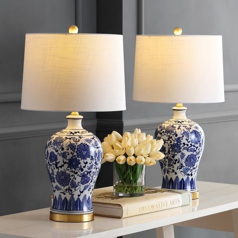 Ginger Jar Lamps, Bedroom End Tables, Blue And White Design, Ginger Jar Lamp, Lamp Blue, Table Lamp Set, Contemporary Traditional, Blue White Decor, Lamp Set