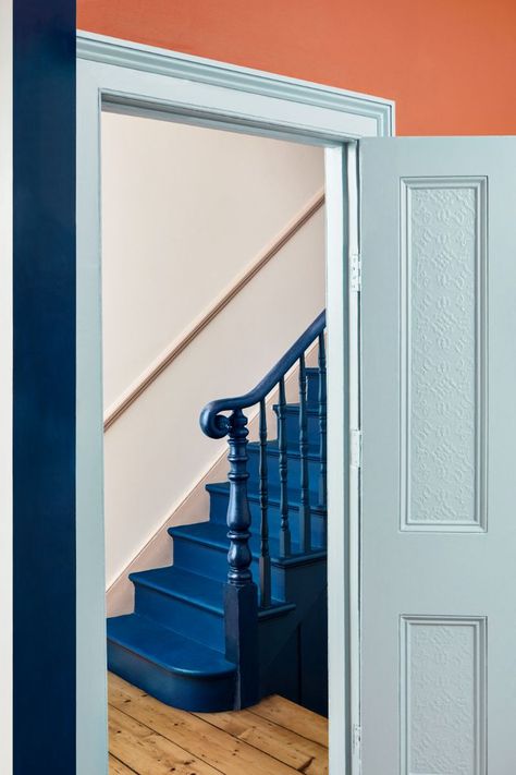 Light Blue Entryway, Blue And Peach Aesthetic, Blue Painted Stairs, Colourful Hallway Ideas, Light Blue Hallway, Colourful Hallway, Pink Stairs, Mylands Paint, Dark Blue Paint Color