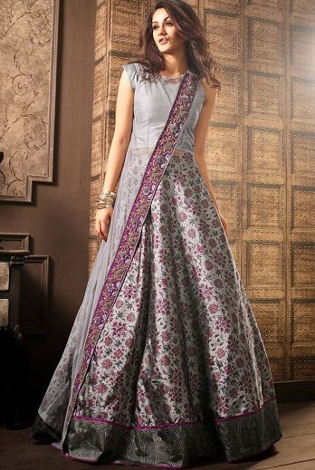 Silk Indo Western Lehenga Choli Dupatta Drape, वेस्टर्न ड्रेस, Grey Dupatta, Silk Kameez, Drape Lehenga, Indo Western Lehenga, Western Lehenga, Long Choli Lehenga, डिजाइनर कपड़े