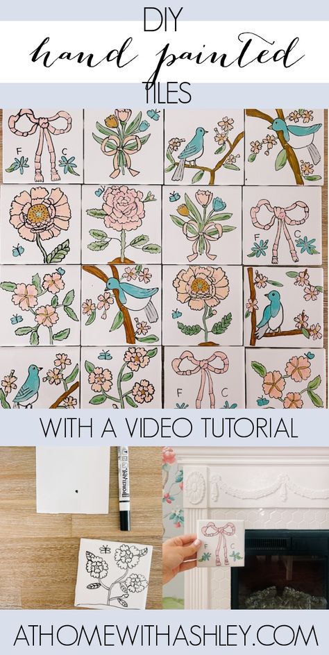 DIY hand painted tiles that are ceramic for a fireplace or kitchen backsplash. A craft idea for decorative coasters. How to hand paint your own tiles with pebeo procelaine 150 paints with birds, flowers, and butterfly botanical tiles Hand Painted Tiles Diy, Hand Painted Tiles Kitchen, Botanical Tiles, Butterfly Botanical, Diy Tile Backsplash, Pebeo Porcelaine 150, Paint Backsplash, Painted Tiles, Hand Painted Tile