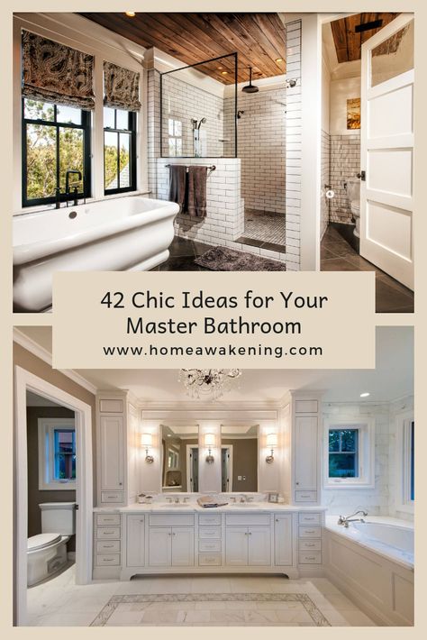 42 chic master bathrooms (photos) #bathroom #masterbath Bathroom Remodel Master 2024, Master Bath Suite Layout, Lake House Bathroom Master Suite, Master Bath Built In Storage, Master Bath Remodel Modern Farmhouse, Master Bath With Seating Area, Expensive Looking Bathroom Ideas, Luxurious Master Bathrooms Mansions, Master En Suite Bedroom Ideas