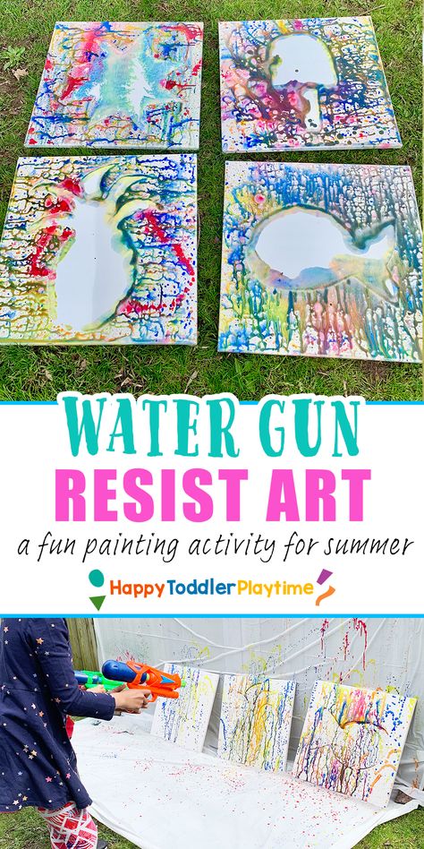 Stunning Water Gun Resist Art for Kids - HAPPY TODDLER PLAYTIME Water Preschool Activities Art Projects, June Art For Preschoolers, Messy Day Activities For Preschool, Outside Painting For Kids, Water Art For Preschoolers, Swimming Art For Kids, Water Day At School, Messy Art For Preschoolers, Splash Day For Preschool