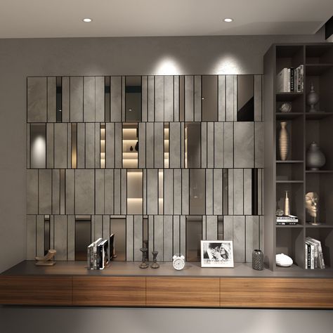 Mirror Accent Wall, Mirror Panel Wall, Wall Cladding Designs, Modern Wall Paneling, Metal Wall Panel, Cladding Design, Wood Cladding, Interior Wall Design, 3d Wall Panels