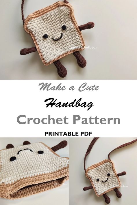 Make your own cute bag crochet pattern. Crochet Bag Pattern Free Cute, Fun Crochet Bag Patterns, Animal Bag Crochet Pattern Free, Crochet Milk Carton Bag, Cute Mini Things To Crochet, Crochet Toast Bag Free Pattern, Crochet Aesthetic Bag Free Pattern, Cute Bag Crochet Pattern Free, Crochet Potato Bag