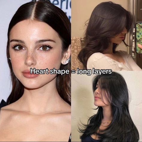 haircut, face shapes, oval face, round face, diamond face, heart face, square face, wispy bangs, wolf cut, long layers, hush cut, long hair, hair for every face shape Hair Inspo For Heart Shaped Face, Bangs Style For Oval Face, Heart Face Shape Aesthetic, Crescent Bangs Heart Shaped Face, Wolf Cut Hair Long Round Face, Heart Shaped Face Haircuts Long, Wispy Bangs Diamond Face, Haircut For Heart Face Shape, Heart Shape Face Bangs