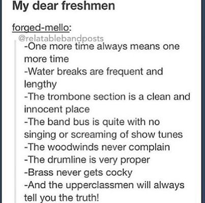 we need to do something like this to freshman next year Marching Band Problems, Humour, Band Section Leader Ideas, Band Camp Aesthetic, Tuba Jokes, Marching Band Jokes, Marching Band Memes, Band Problems, That's Hilarious