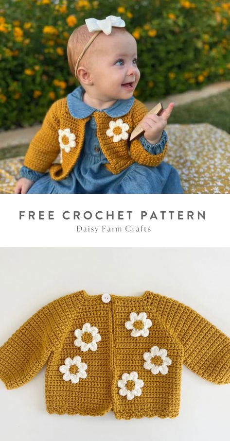 Daisy Farm Crafts Crochet Baby Sweater, Baby Girl Crochet Sweater Patterns Free, Baby Outfit Crochet Pattern, Crocheted Baby Items Free Patterns, Crochet Baby Sweater Patterns Free, Knitting For Baby Girl, Baby Girl Crochet Gifts, Free Crochet Baby Sweater Pattern, Crochet Ideas For Baby Girl