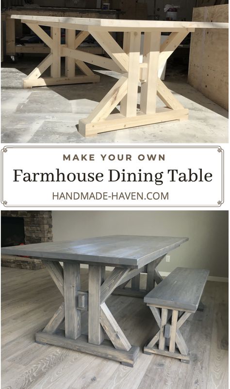 Farmhouse Diy Kitchen Table, Handmade Farmhouse Table, Building A Kitchen Table, Diy 8 Person Dining Table, How To Build A Kitchen Table, Diy Dining Room Chairs, Farmhouse Dining Table Diy, Farmhouse Table Ideas, Farm Style Dining Table