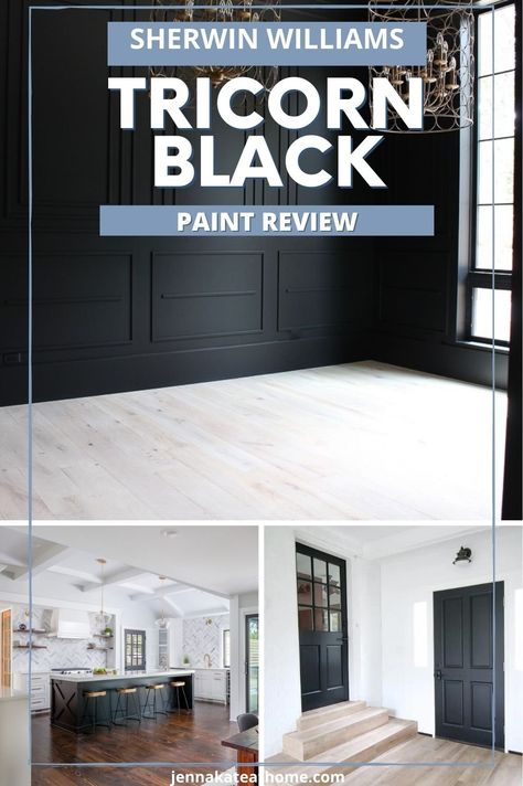 Are you looking for the perfect shade of black paint for an accent wall, kitchen island or even just your front door? Whether you want to go bold with all over color or just as a touch of contrast, Sherwin Williams Tricorn Black is one of the best shades of black paint. Read this full paint review to see if it's the right color for your home! Satin Black Door, Kitchen Island Painted Black, Best Accent Color For Black And White, Best Black Paint For Accent Wall, Sherwin Williams Black Cabinets, Best Black Sherwin Williams Paint, Sherwin Williams Matte Black Paint, Black Front Door Colors Sherwin Williams, Antique Black Paint Color