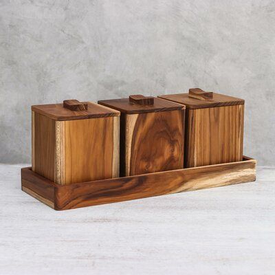 Union Rustic Handcrafted of teakwood with a rich natural grain, this set of decorative boxes is created by Thai artisan Sanai Keawchaisa. Three boxes with lids are displayed within a handy tray. | Union Rustic 3 Piece Treasure Teakwood Decorative Box Set, Wood in Brown, Size 4"H X 3"W X 3"D | Wayfair Wooden Small Items, Small Wood Box Ideas, Wood Trinkets, Wooden Decorative Items, Wooden Box Ideas, Small Wood Box, Wooden Containers, Boxes With Lids, Cool Wood Projects